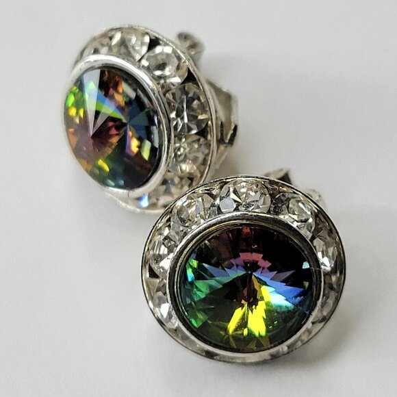 Green Clip On Earrings, Small Round Aurora Color Crystal Tiny ClipOns Earrings - Picture 2 of 4